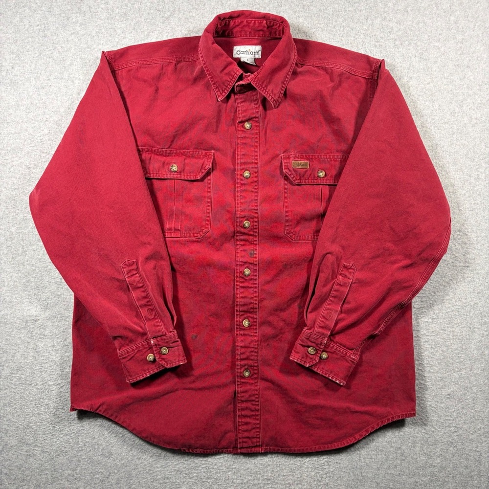 Carhartt Button Up Shirt Mens Large Red Vintage Canvas Workwear S113 DKR